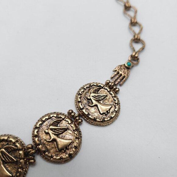 Vintage Designer Gold Tone Coin Necklace With Angel Motif Turquoise Accents - Picture 7 of 11